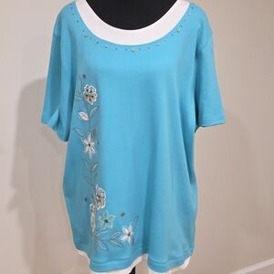 Alfred Dunner Turquoise Floral Short Sleeve Top